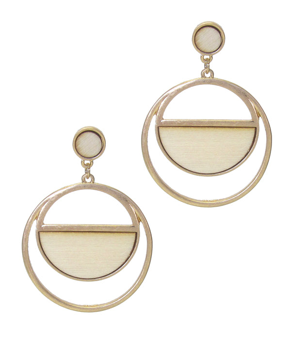 WOOD CENTER METAL HOOP DROP EARRING