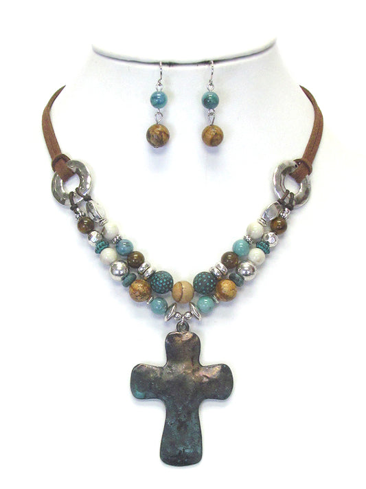 HAMMERD METAL CROSS AND MULTI BALL MIX CHAIN NECKLACE SET