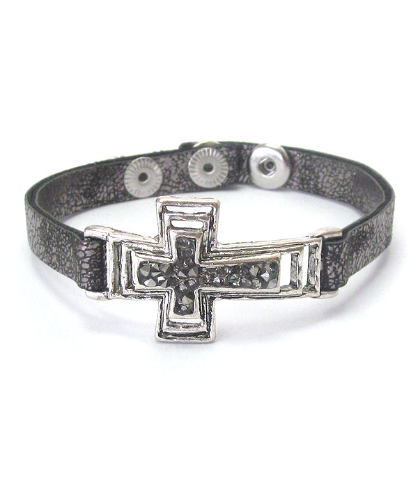 CRYSTAL CENTER GLUED CROSS AND LEATHERETTE BAND BRACELET