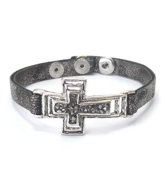 CRYSTAL CENTER GLUED CROSS AND LEATHERETTE BAND BRACELET