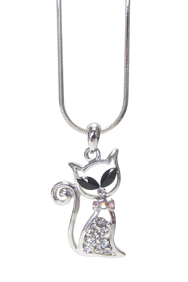 MADE IN KOREA WHITEGOLD PLATING CRYSTAL CAT PENDANT NECKLACE