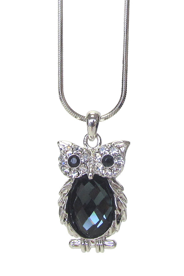 MADE IN KOREA WHITEGOLD PLATING CRYSTAL OWL PENDANT NECKLACE