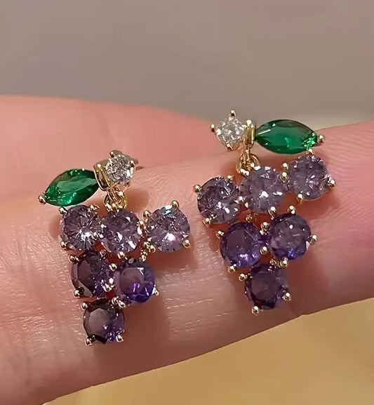 Cluster Grape Earrings with Green Leaf Accents