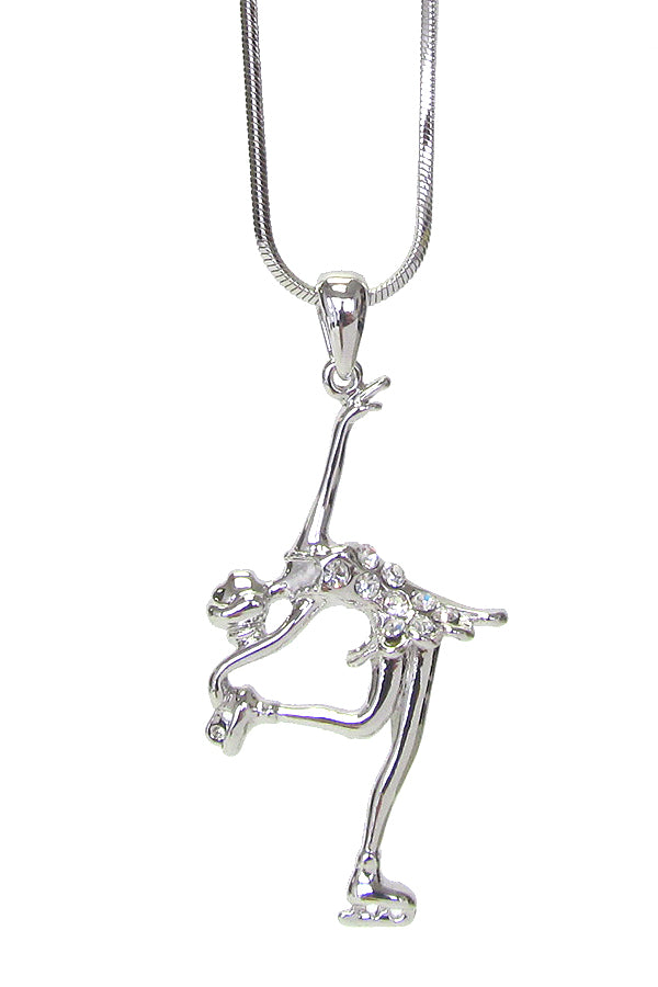 MADE IN KOREA WHITEGOLD PLATING CRYSTAL FIGURE SKATING PENDANT NECKLACE