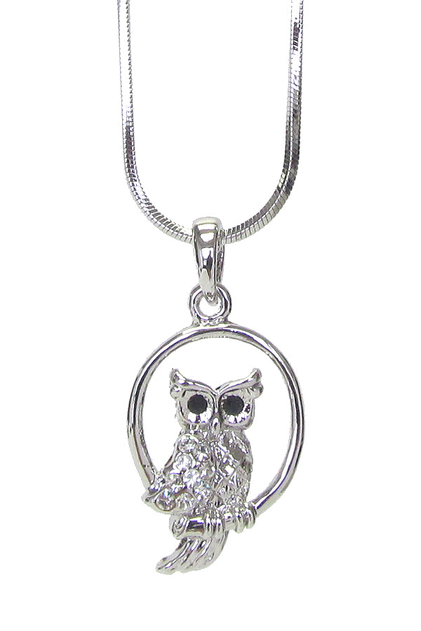 MADE IN KOREA WHITEGOLD PLATING CRYSTAL OWL PENDANT NECKLACE