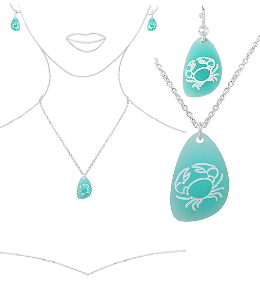 SEALIFE THEME SEAGLASS CARVING PENDANT NECKLACE SET - CRAB