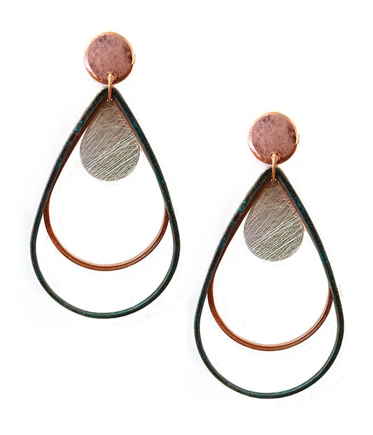 METAL WIRE AND SCRATCH METAL TEARDROP EARRING - BRASS METAL