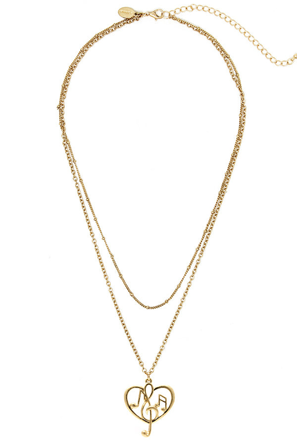 MUSIC NOTE AND HEART PENDANT DOUBLE CHAIN NECKLACE