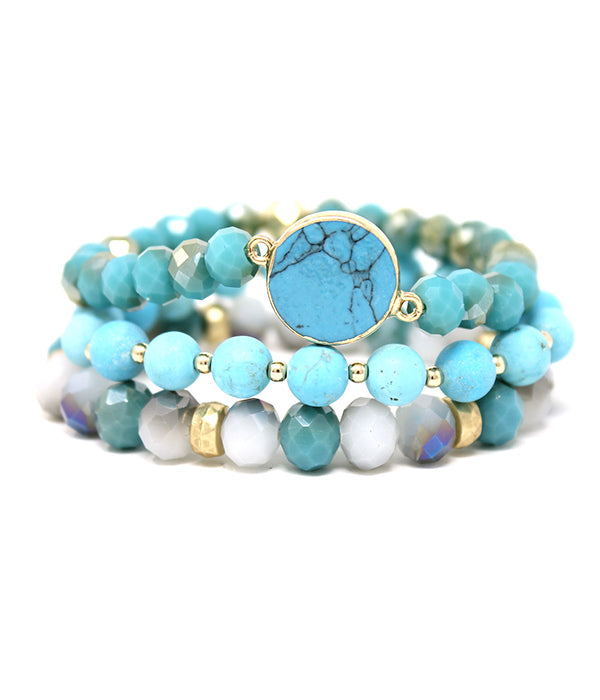 SEMI PRECIOUS AND FACET STONE MIX TRIPLE STRETCH BRACELET SET