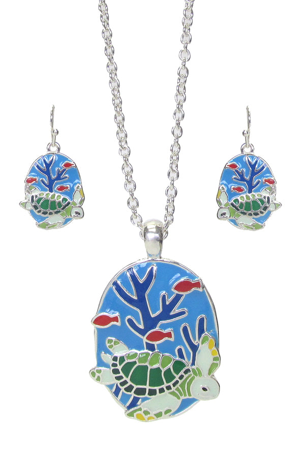 EPOXY RESIN GRAFFITI ART SEALIFE THEME NECKLACE SET - TURTLE