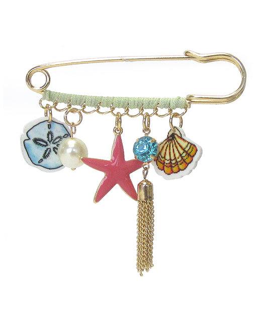 MULTI ACRYLIC AND METAL CHARM DROP BROOCH PIN - SEALIFE