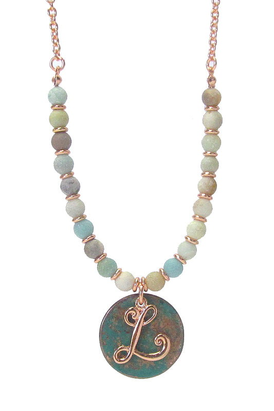 MONOGRAM PATINA PENDANT AND MIX STONE NECKLACE