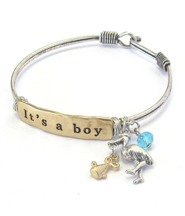 STORK CHARM WIRE BANGLE BRACELET - IT'S A BOY