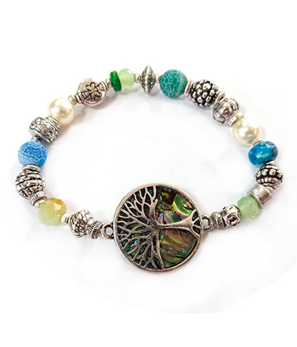 ABALONE TREE OF LIFE SEMI PRECIOUS STONE AND METAL BALL BEAD STRETCH BRACELET