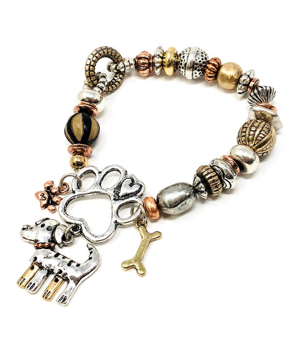 PET LOVERS THEME MULTI BEAD MIX STRETCH BRACELET - DOG