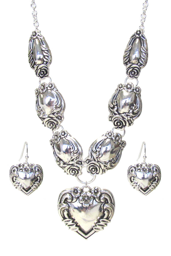 SILVER UTENSIL INSPIRED NECKLACE SET - HEART