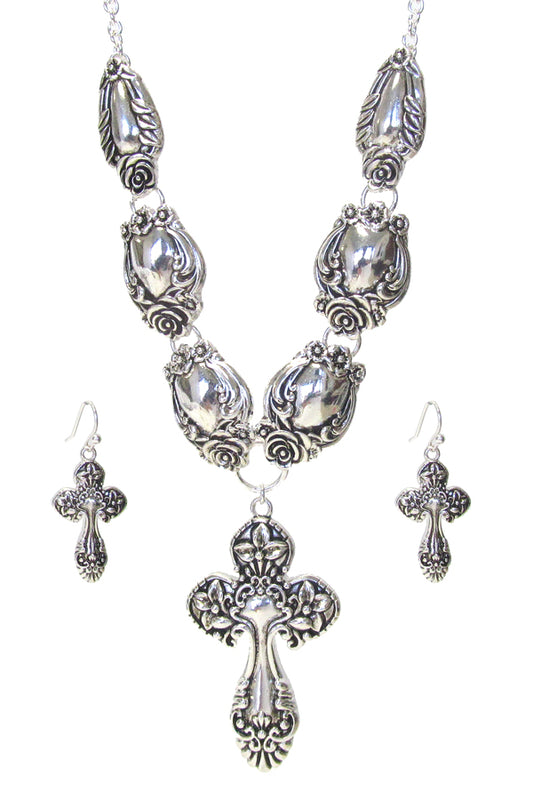 SILVER UTENSIL INSPIRED NECKLACE SET - CROSS