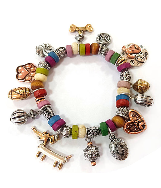 VINTAGE METAL MULTI CHARM AND BEAD MIX STRETCH BRACELET - DOG