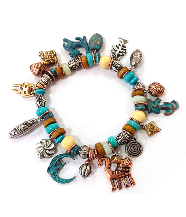 VINTAGE METAL MULTI CHARM AND BEAD MIX STRETCH BRACELET - CAT