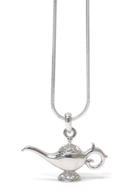 MADE IN KOREA WHITEGOLD PLATING CRYSTAL STUD GENIE LAMP PENDANT NECKLACE