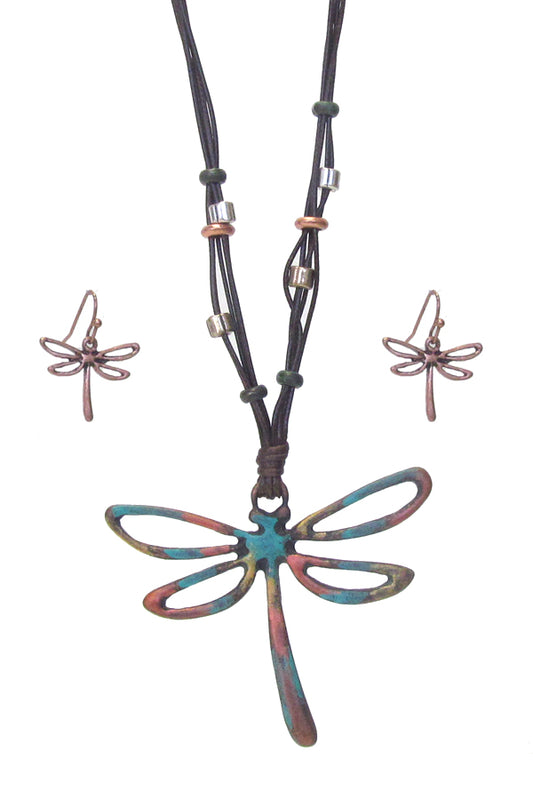 VINTAGE RUSTIC DRAGONFLY PENDANT AND CORD CHAIN NECKLACE SET