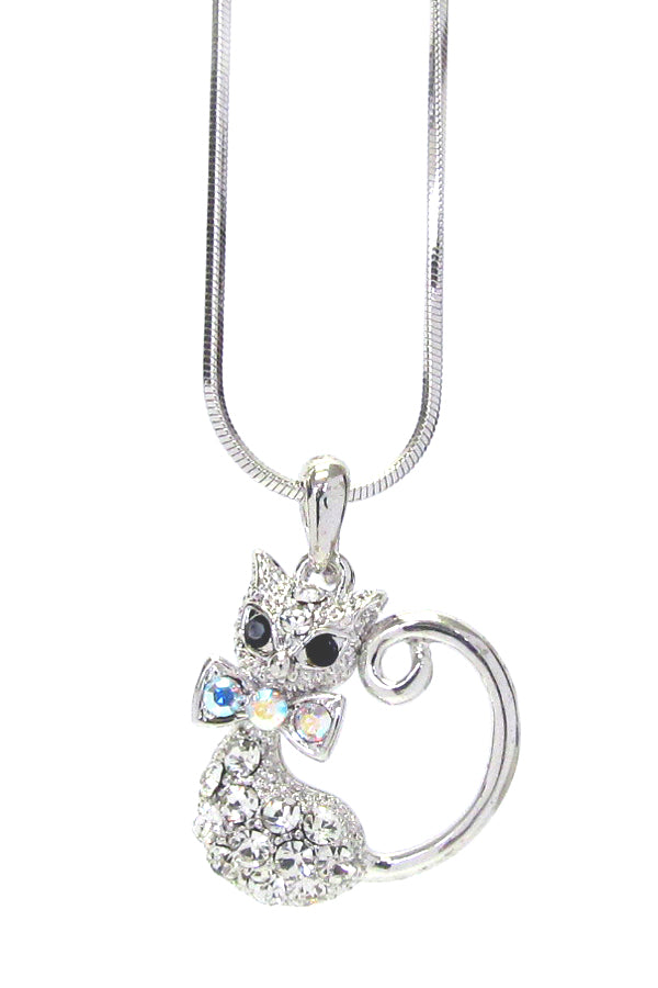 MADE IN KOREA WHITEGOLD PLATING CRYSTAL CAT PENDANT NECKLACE