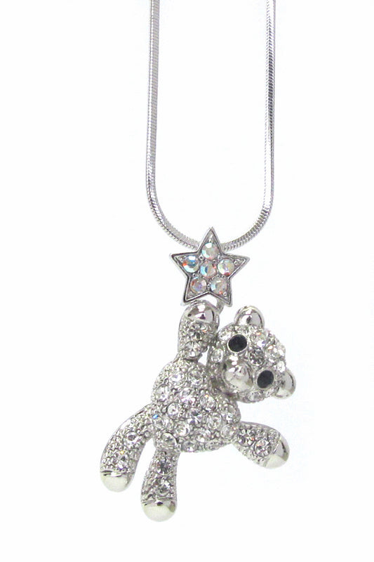 MADE IN KOREA WHITEGOLD PLATING CRYSTAL TEDDY BEAR PENDANT NECKLACE -valentine