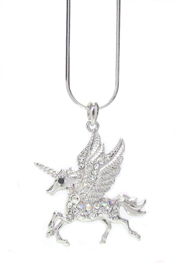 MADE IN KOREA WHITEGOLD PLATING CRYSTAL UNICORN PENDANT NECKLACE