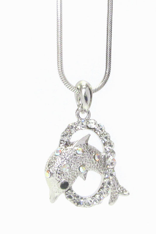 MADE IN KOREA WHITEGOLD PLATING CRYSTAL DOLPHINE PENDANT NECKLACE