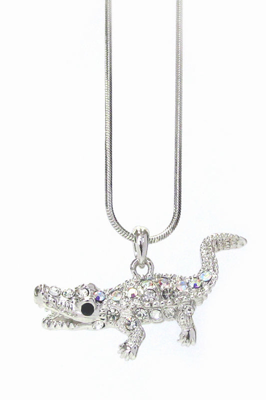 MADE IN KOREA WHITEGOLD PLATING CRYSTAL CROCODILE PENDANT NECKLACE