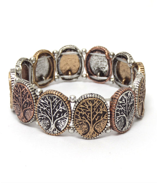 VINTAGE RUSTIC LIFE TREE MULTI METALS LINKED BRACELET