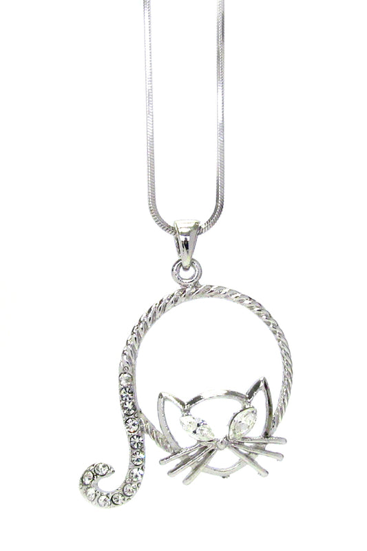 MADE IN KOREA WHITEGOLD PLATING CRYSTAL CAT PENDANT NECKLACE