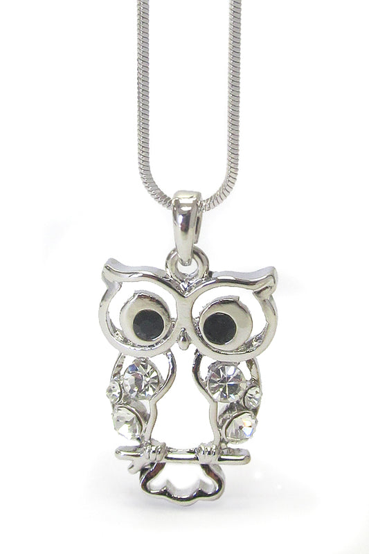 MADE IN KOREA WHITEGOLD PLATING CRYSTAL STUD OWL PENDANT NECKLACE