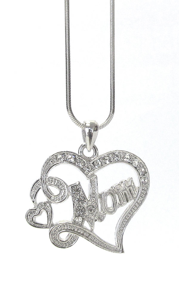 MADE IN KOREA WHITEGOLD PLATING CRYSTAL MOTHERS DAY HEART PENDANT NECKLACE -MOM