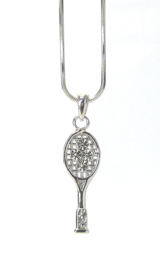 MADE IN KOREA WHITEGOLD PLATING CRYSTAL TENNIS RACKET PENDANT NECKLACE