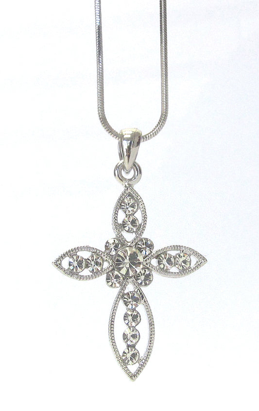 MADE IN KOREA WHITEGOLD PLATING CRYSTAL CROSS PENDANT NECKLACE