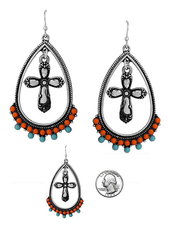 WESTERN THEME TEARDROP EARRING - CROSS