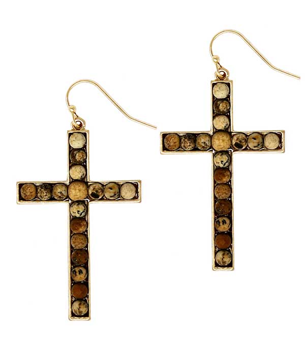 SEMI PRECIOUS STONE CROSS EARRING - JASPER