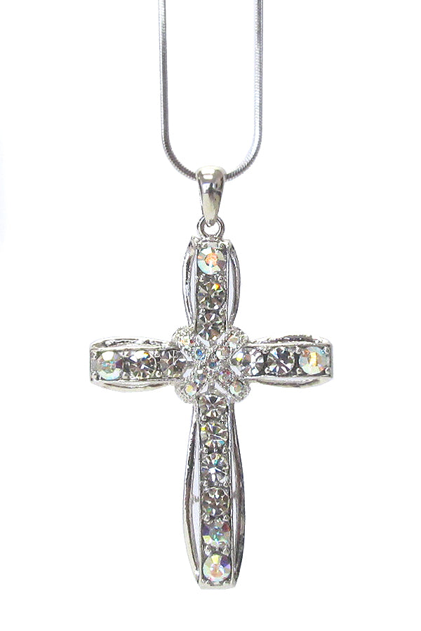 MADE IN KOREA WHITEGOLD PLATING CRYSTAL CROSS PENDANT NECKLACE