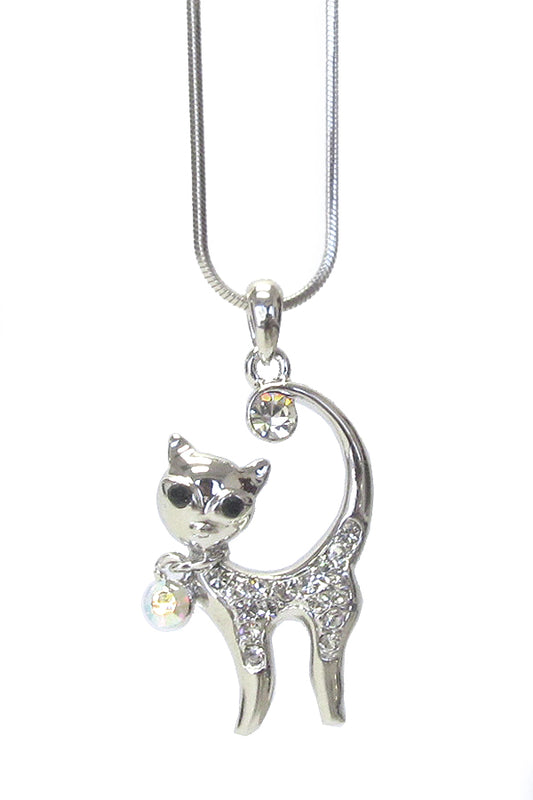 MADE IN KOREA WHITEGOLD PLATING CRYSTAL CAT PENDANT NECKLACE