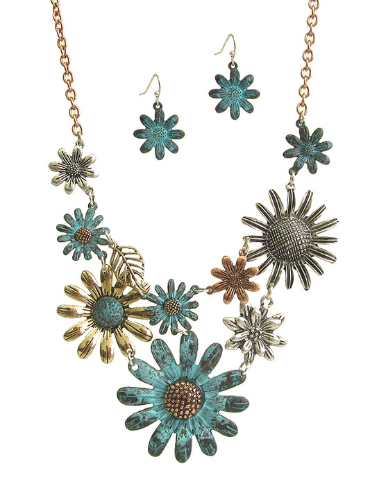 GARDEN THEME MULTI FLOWER BIB NECKLACE SET