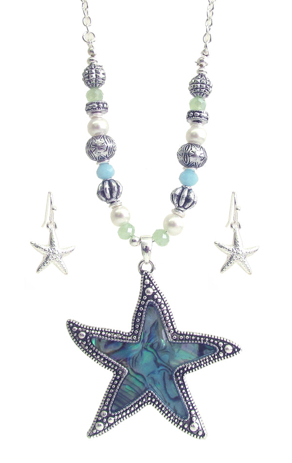 ABALONE STARFISH PENDANT AND MULTI BEAD NECKLACE SET