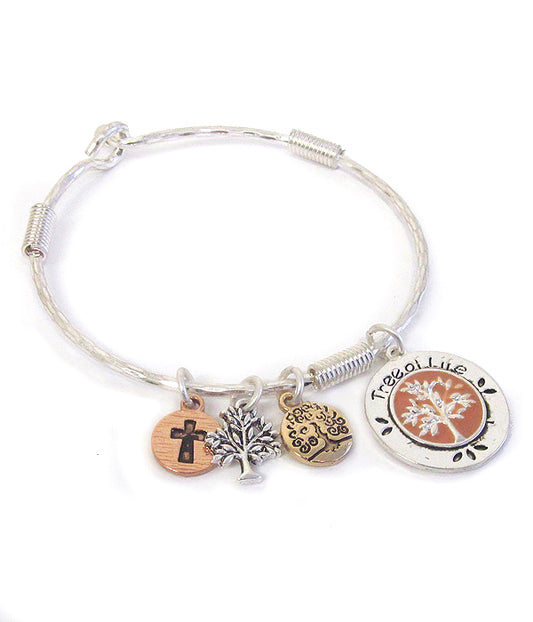 RELIGIOUS INSPIRATION MULTI CHARM WIRE BANGLE BRACELET - TREE OF LIFE