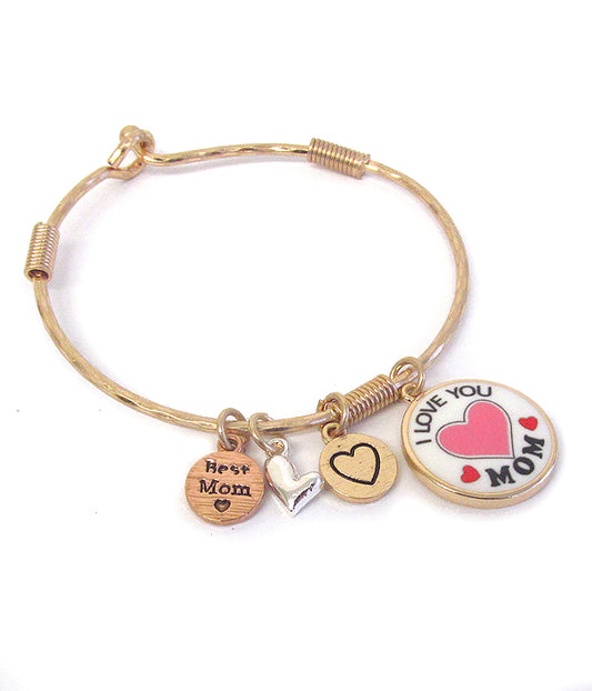 LOVE INSPIRATION MULTI CHARM WIRE BANGLE BRACELET - I LOVE YOU MOM