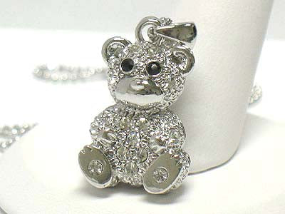 MADE IN KOREA WHITEGOLD PLATING CRYSTAL STUD BEAR PENDANT NECKLACE