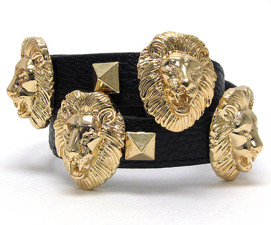 MULTI RIHANNA STYLE METAL TEXTURED LION HEAD AND MULTI METAL SQUARE SPIKES LEATHERETTE WRAP BRACELET