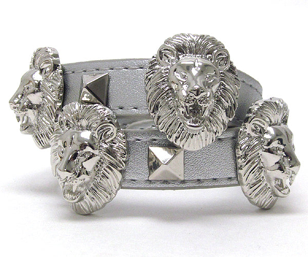 MULTI RIHANNA STYLE METAL TEXTURED LION HEAD AND MULTI METAL SQUARE SPIKES LEATHERETTE WRAP BRACELET