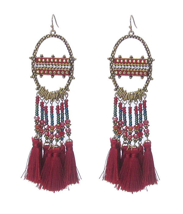 BOUTIQUE STYLE MULTI GLASS SEED BEAD AND TASSEL DROP EARRING